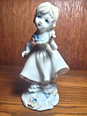 1970s Porcelain Girl Figurine with Ponytail & Ruffled Dress - 7"